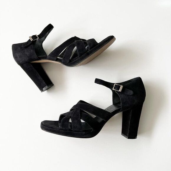 Vintage 90s Square Toe Formal Strappy Sandals Calvin Klein Black Suede Size 10 - Picture 2 of 8